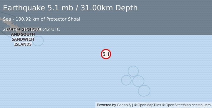 Earthquake SOUTH SANDWICH ISLANDS REGION (5.2 mb) (2025-01-15 12:06:39 UTC)