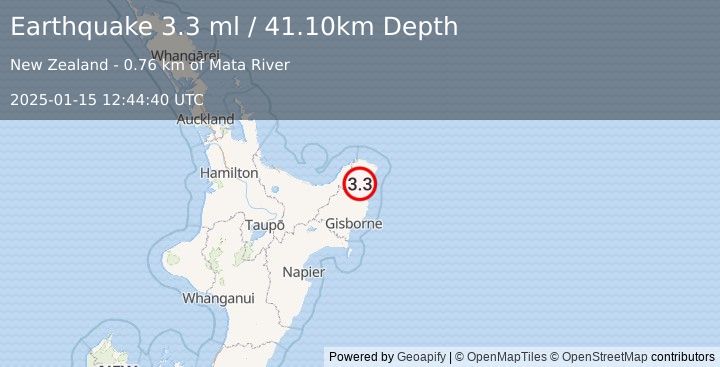 Earthquake OFF E. COAST OF N. ISLAND, N.Z. (3.3 ml) (2025-01-15 12:44:40 UTC)