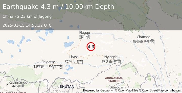 Earthquake EASTERN XIZANG (4.3 m) (2025-01-15 14:58:32 UTC)