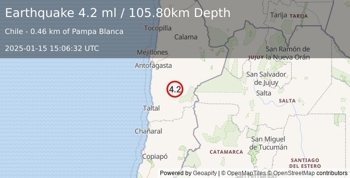 Earthquake ANTOFAGASTA, CHILE (4.2 ml) (2025-01-15 15:06:32 UTC)