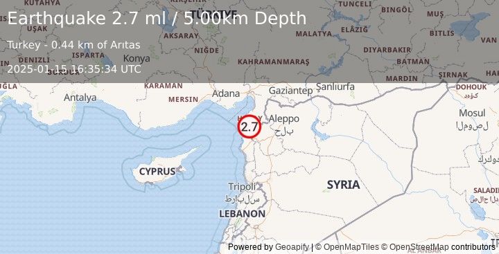 Earthquake TURKEY-SYRIA BORDER REGION (2.7 ml) (2025-01-15 16:35:34 UTC)