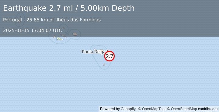 Earthquake AZORES ISLANDS REGION (2.7 ml) (2025-01-15 17:04:07 UTC)