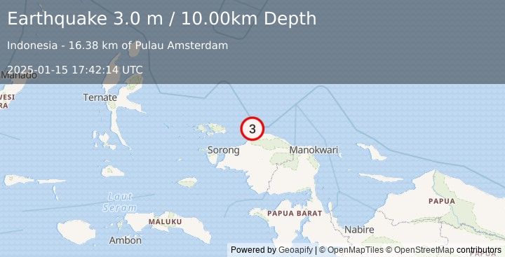 Earthquake NEAR N COAST OF PAPUA, INDONESIA (3.0 m) (2025-01-15 17:42:14 UTC)