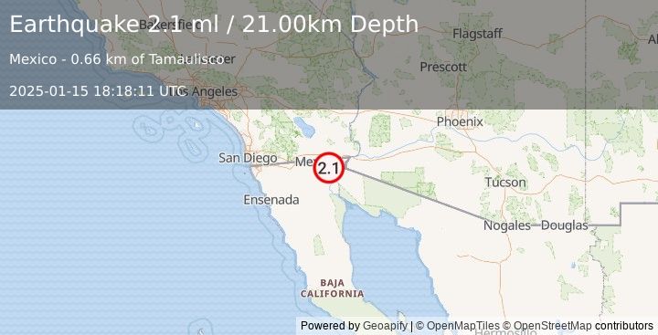 Earthquake BAJA CALIFORNIA, MEXICO (2.1 ml) (2025-01-15 18:18:11 UTC)