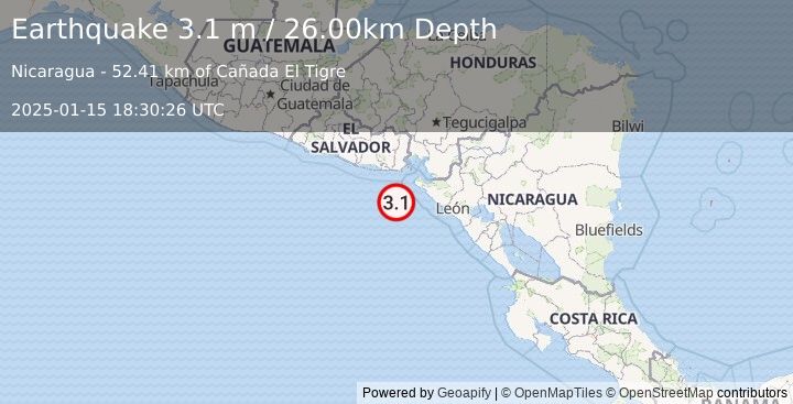 Earthquake NEAR COAST OF NICARAGUA (3.1 m) (2025-01-15 18:30:26 UTC)