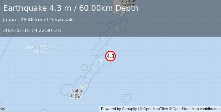 Earthquake RYUKYU ISLANDS, JAPAN (4.3 m) (2025-01-15 19:22:30 UTC)