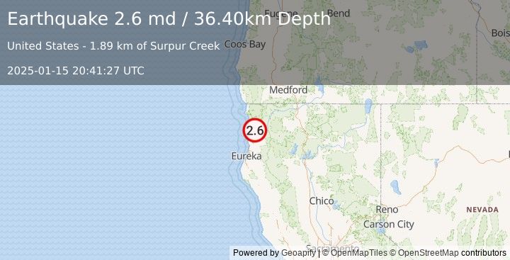 Earthquake NORTHERN CALIFORNIA (2.6 md) (2025-01-15 20:41:27 UTC)