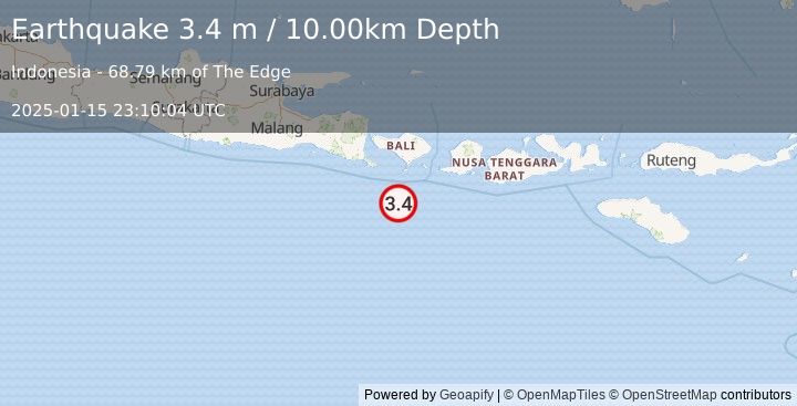 Earthquake SOUTH OF BALI, INDONESIA (3.4 m) (2025-01-15 23:10:04 UTC)