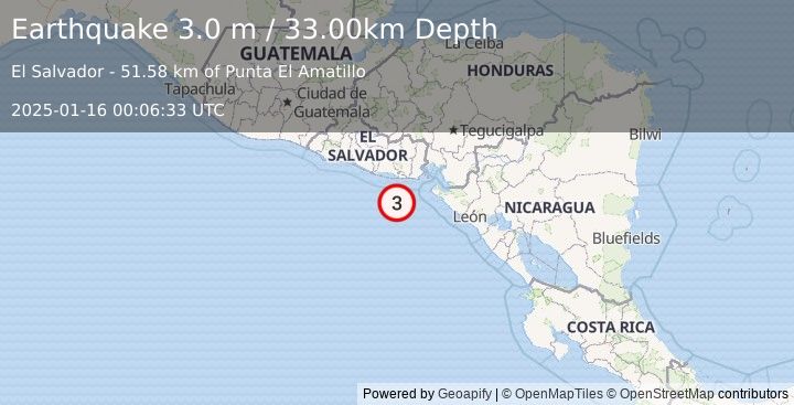 Earthquake OFFSHORE EL SALVADOR (3.0 m) (2025-01-16 00:06:33 UTC)