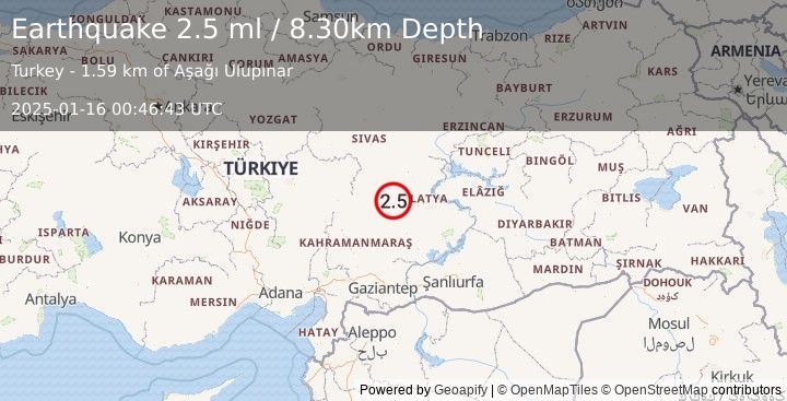 Earthquake CENTRAL TURKEY (2.5 ml) (2025-01-16 00:46:43 UTC)