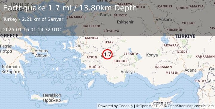 Earthquake WESTERN TURKEY (1.7 ml) (2025-01-16 01:14:32 UTC)