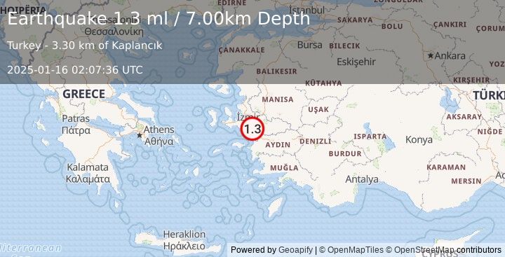 Earthquake WESTERN TURKEY (1.3 ml) (2025-01-16 02:07:36 UTC)