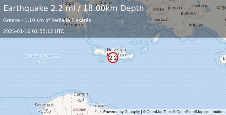 Earthquake CRETE, GREECE (2.2 ml) (2025-01-16 02:55:12 UTC)