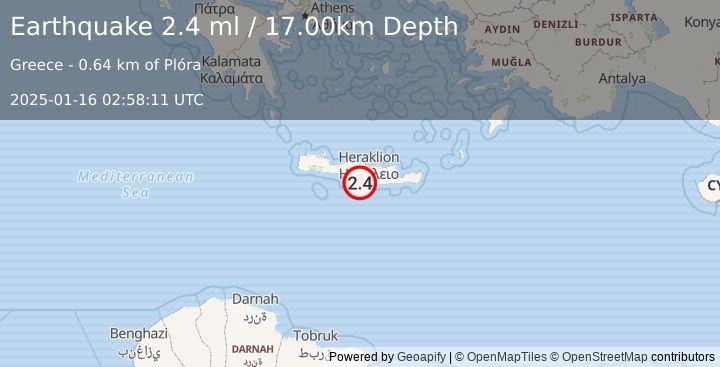 Earthquake CRETE, GREECE (2.4 ml) (2025-01-16 02:58:11 UTC)