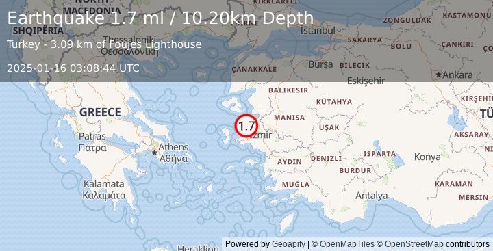 Earthquake NEAR THE COAST OF WESTERN TURKEY (1.7 ml) (2025-01-16 03:08:44 UTC)