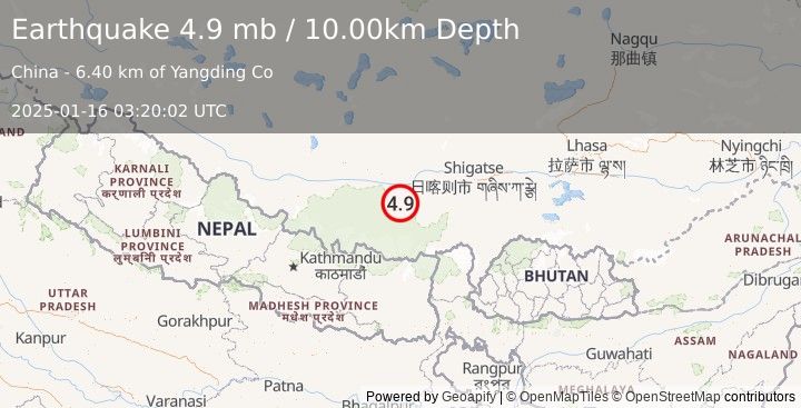 Earthquake WESTERN XIZANG (4.9 mb) (2025-01-16 03:20:02 UTC)