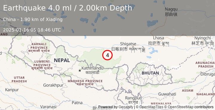 Earthquake WESTERN XIZANG (4.0 ml) (2025-01-16 05:18:52 UTC)