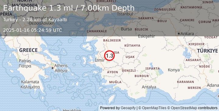 Earthquake WESTERN TURKEY (1.3 ml) (2025-01-16 05:24:59 UTC)