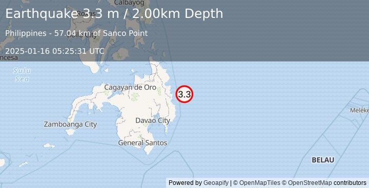 Earthquake MINDANAO, PHILIPPINES (3.3 m) (2025-01-16 05:25:31 UTC)