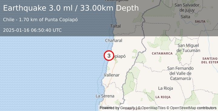 Earthquake ATACAMA, CHILE (2.8 ml) (2025-01-16 06:50:37 UTC)