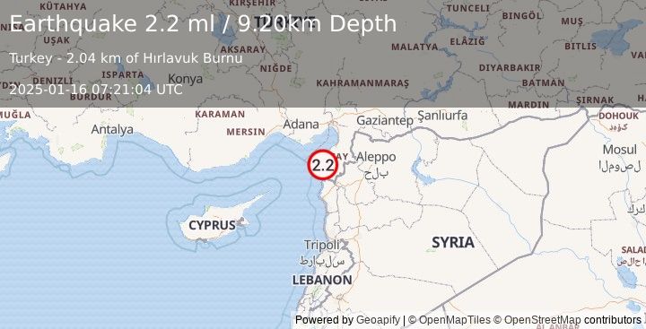 Earthquake CENTRAL TURKEY (2.2 ml) (2025-01-16 07:21:04 UTC)