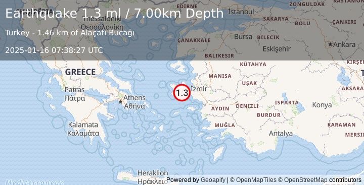 Earthquake NEAR THE COAST OF WESTERN TURKEY (1.3 ml) (2025-01-16 07:38:27 UTC)