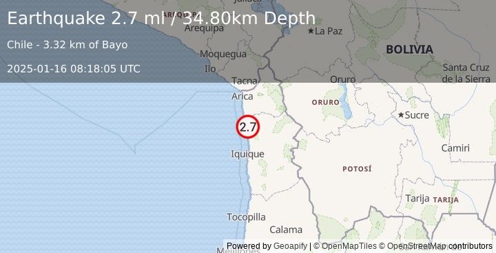 Earthquake TARAPACA, CHILE (2.7 ml) (2025-01-16 08:18:05 UTC)