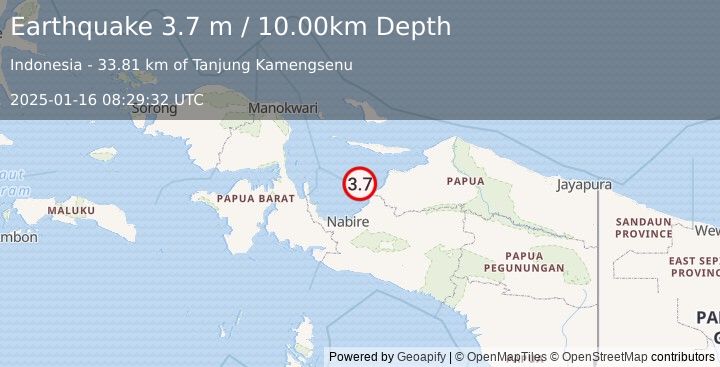 Earthquake NEAR N COAST OF PAPUA, INDONESIA (3.7 m) (2025-01-16 08:29:32 UTC)