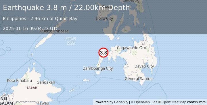 Earthquake MINDANAO, PHILIPPINES (3.8 m) (2025-01-16 09:04:23 UTC)