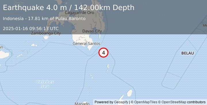 Earthquake MINDANAO, PHILIPPINES (4.0 m) (2025-01-16 09:56:13 UTC)