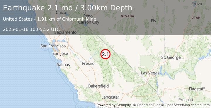 Earthquake CENTRAL CALIFORNIA (2.1 md) (2025-01-16 10:05:52 UTC)