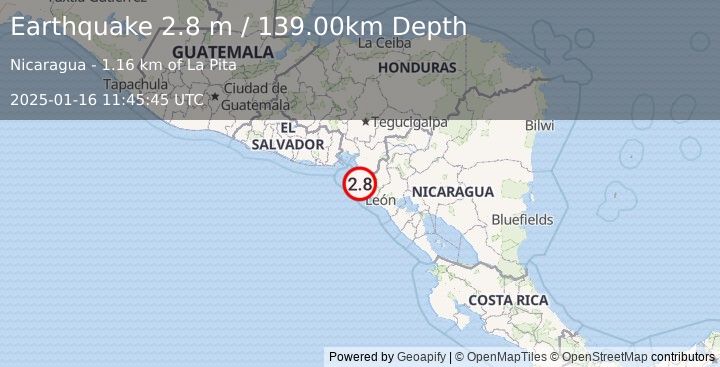 Earthquake NEAR COAST OF NICARAGUA (2.8 m) (2025-01-16 11:45:45 UTC)