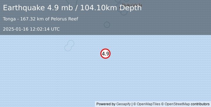 Earthquake SOUTH OF FIJI ISLANDS (4.9 mb) (2025-01-16 12:02:14 UTC)