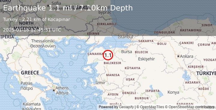 Earthquake WESTERN TURKEY (1.1 ml) (2025-01-16 12:45:31 UTC)