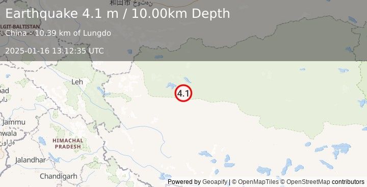 Earthquake WESTERN XIZANG (4.1 m) (2025-01-16 13:12:35 UTC)