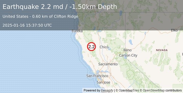 Earthquake NORTHERN CALIFORNIA (2.2 md) (2025-01-16 15:37:50 UTC)