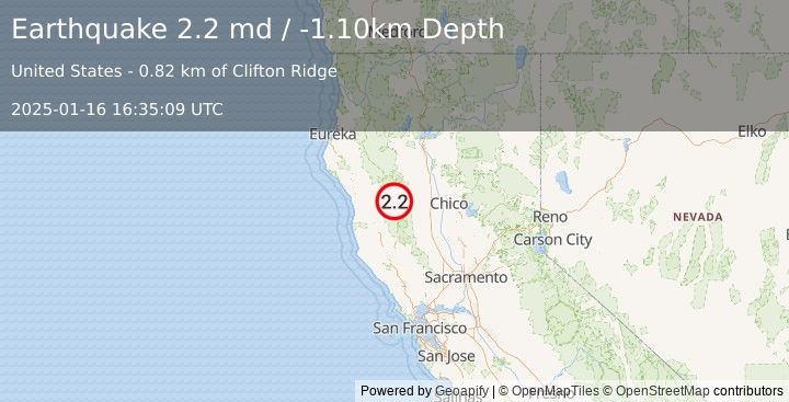 Earthquake NORTHERN CALIFORNIA (2.2 md) (2025-01-16 16:35:09 UTC)