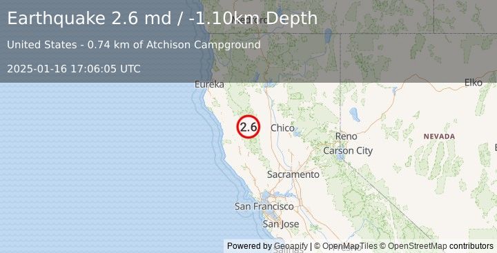 Earthquake NORTHERN CALIFORNIA (2.6 md) (2025-01-16 17:06:05 UTC)