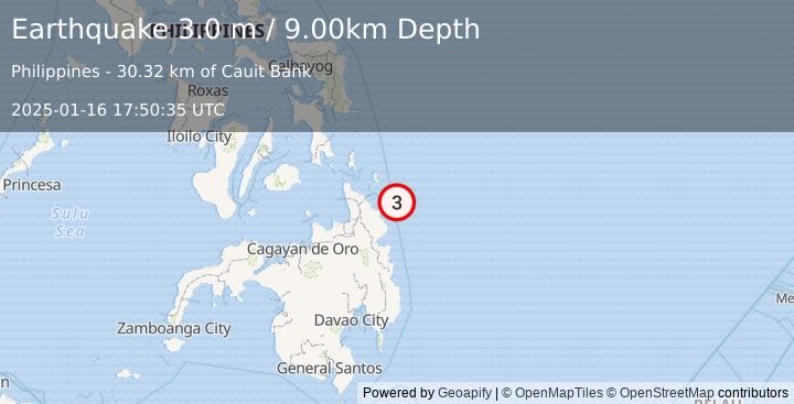 Earthquake MINDANAO, PHILIPPINES (3.0 m) (2025-01-16 17:50:35 UTC)