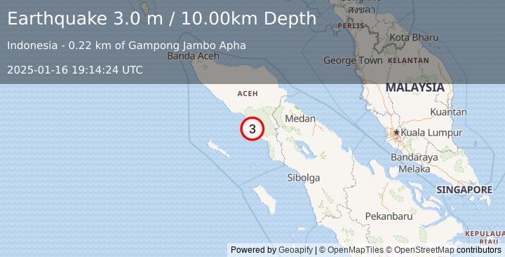 Earthquake NORTHERN SUMATRA, INDONESIA (3.0 m) (2025-01-16 19:14:24 UTC)