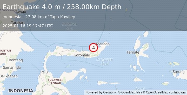 Earthquake MINAHASA, SULAWESI, INDONESIA (4.0 m) (2025-01-16 19:17:47 UTC)