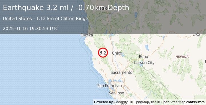 Earthquake NORTHERN CALIFORNIA (3.2 ml) (2025-01-16 19:30:53 UTC)