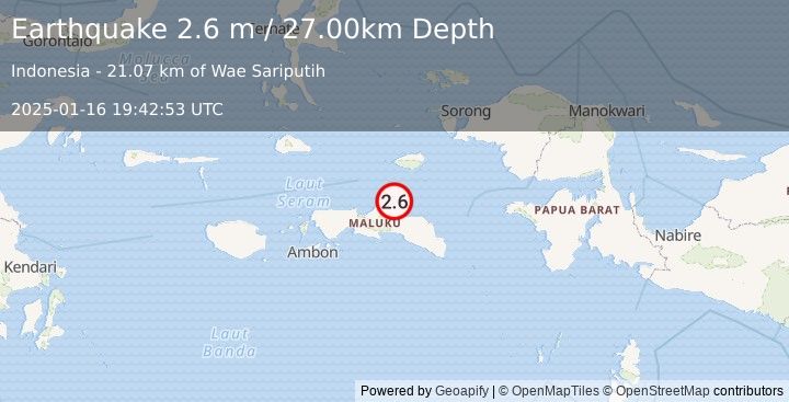 Earthquake SERAM, INDONESIA (2.6 m) (2025-01-16 19:42:53 UTC)