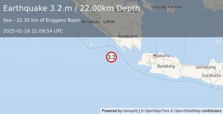 Earthquake SOUTHWEST OF SUMATRA, INDONESIA (3.2 m) (2025-01-16 21:09:54 UTC)