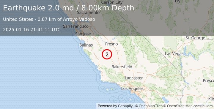 Earthquake CENTRAL CALIFORNIA (2.0 md) (2025-01-16 21:41:11 UTC)