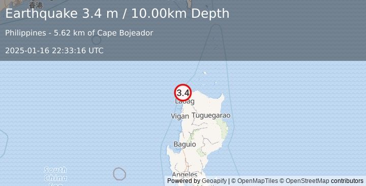 Earthquake LUZON, PHILIPPINES (3.4 m) (2025-01-16 22:33:16 UTC)