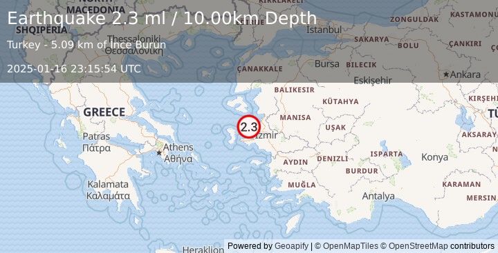 Earthquake NEAR THE COAST OF WESTERN TURKEY (2.4 ml) (2025-01-16 23:15:53 UTC)