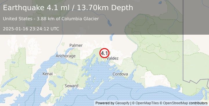 Earthquake SOUTHERN ALASKA (4.1 ml) (2025-01-16 23:24:12 UTC)