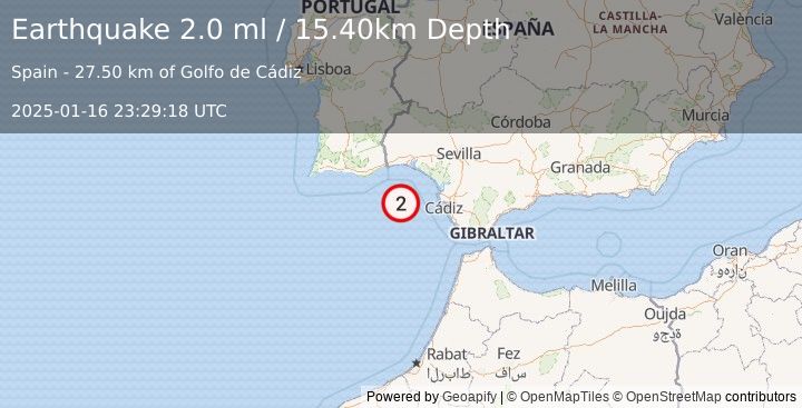 Earthquake STRAIT OF GIBRALTAR (2.0 ml) (2025-01-16 23:29:18 UTC)