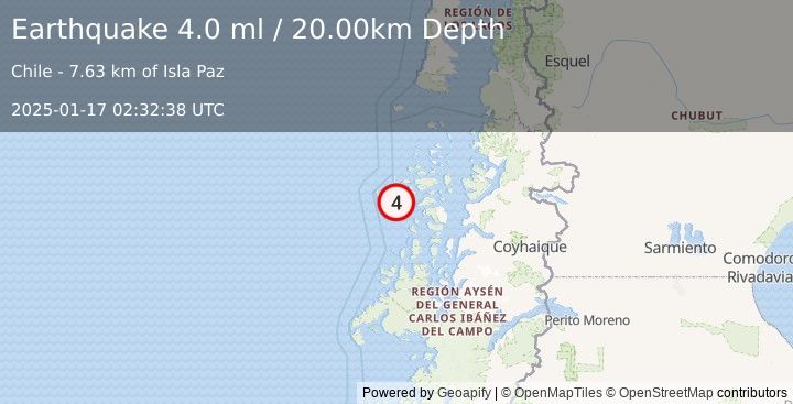 Earthquake NEAR COAST OF AISEN, CHILE (3.9 ml) (2025-01-17 02:32:37 UTC)